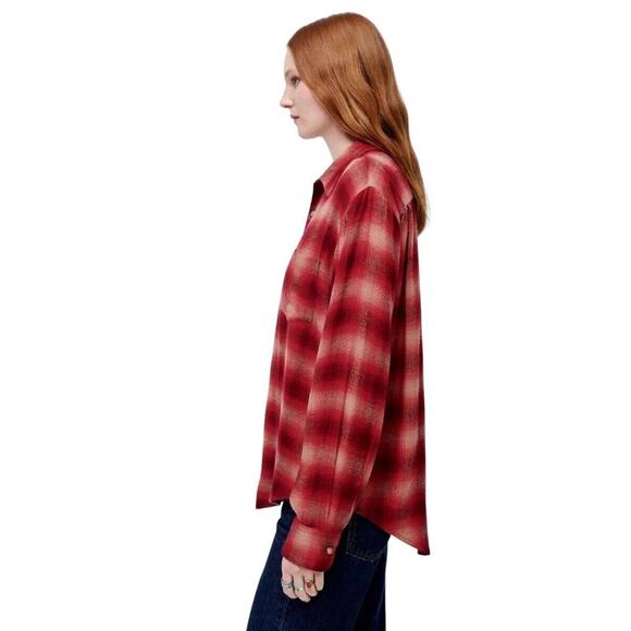 Re/Done 60s Burgundy Tan Plaid Long Sleeve Flannel Shirt Size S - Picture 2 of 9